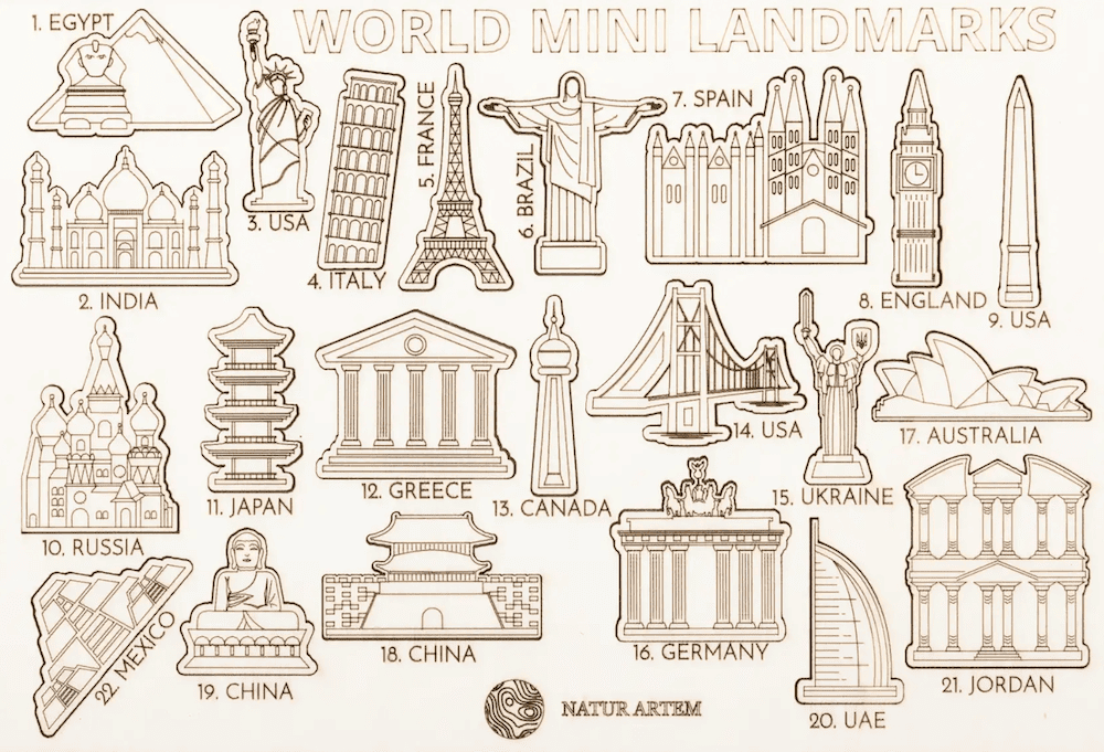 accessori monumenti del mondo per mappa in legno sul muro