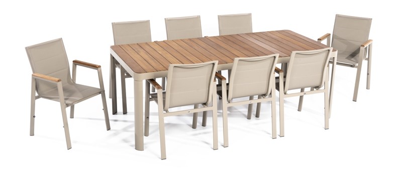 Grande tavolo da pranzo da giardino con sedie dal design lussuoso.