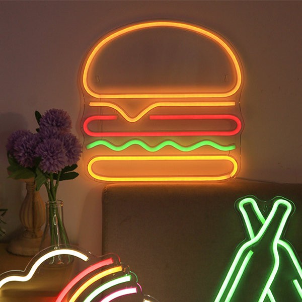 insegna al neon luminosa a led sul muro - hamburger