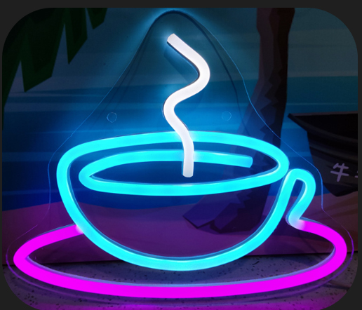 tazza di caffè - insegna pubblicitaria al neon a LED sul muro