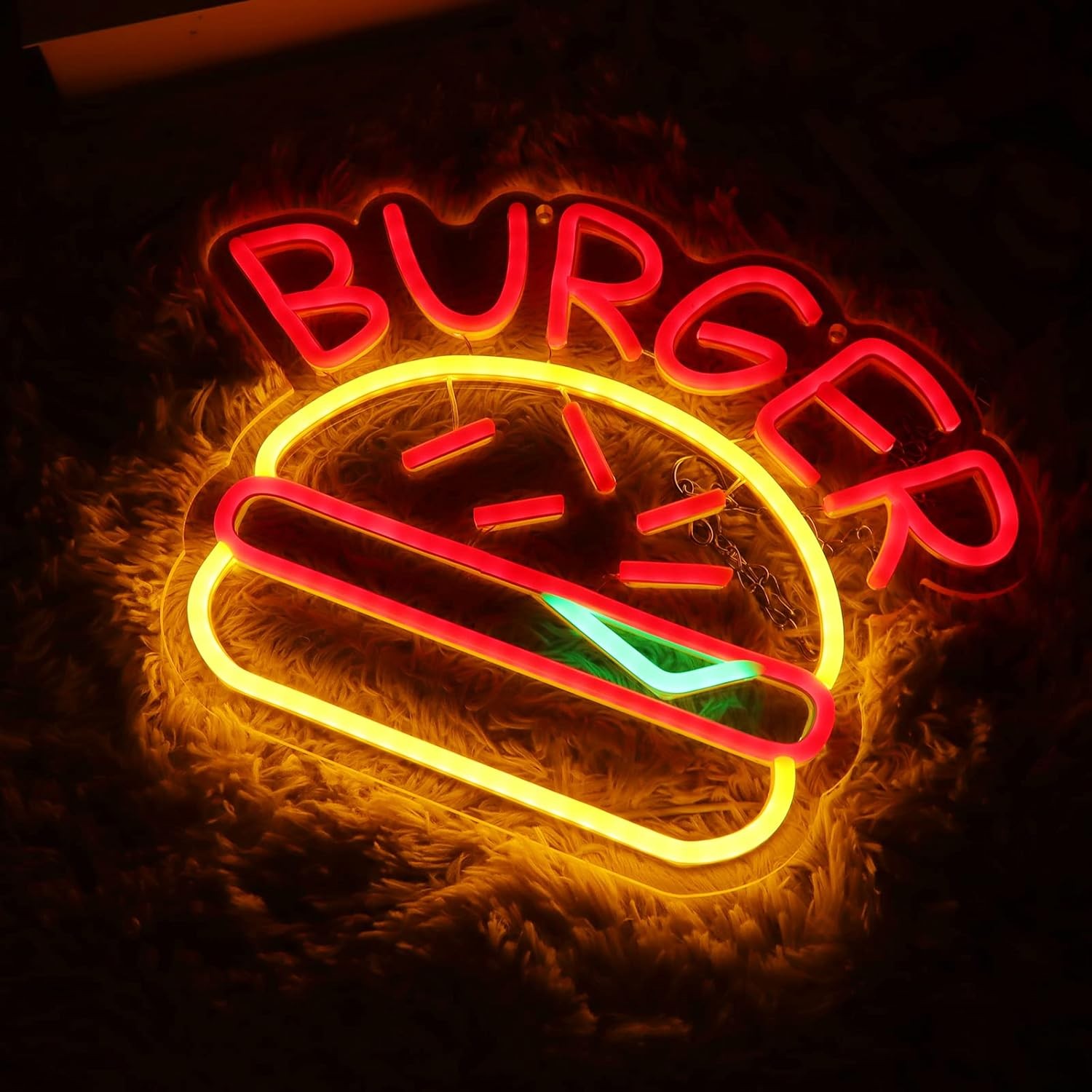 Insegna al neon a LED luminosa illuminata per pubblicità di hamburger